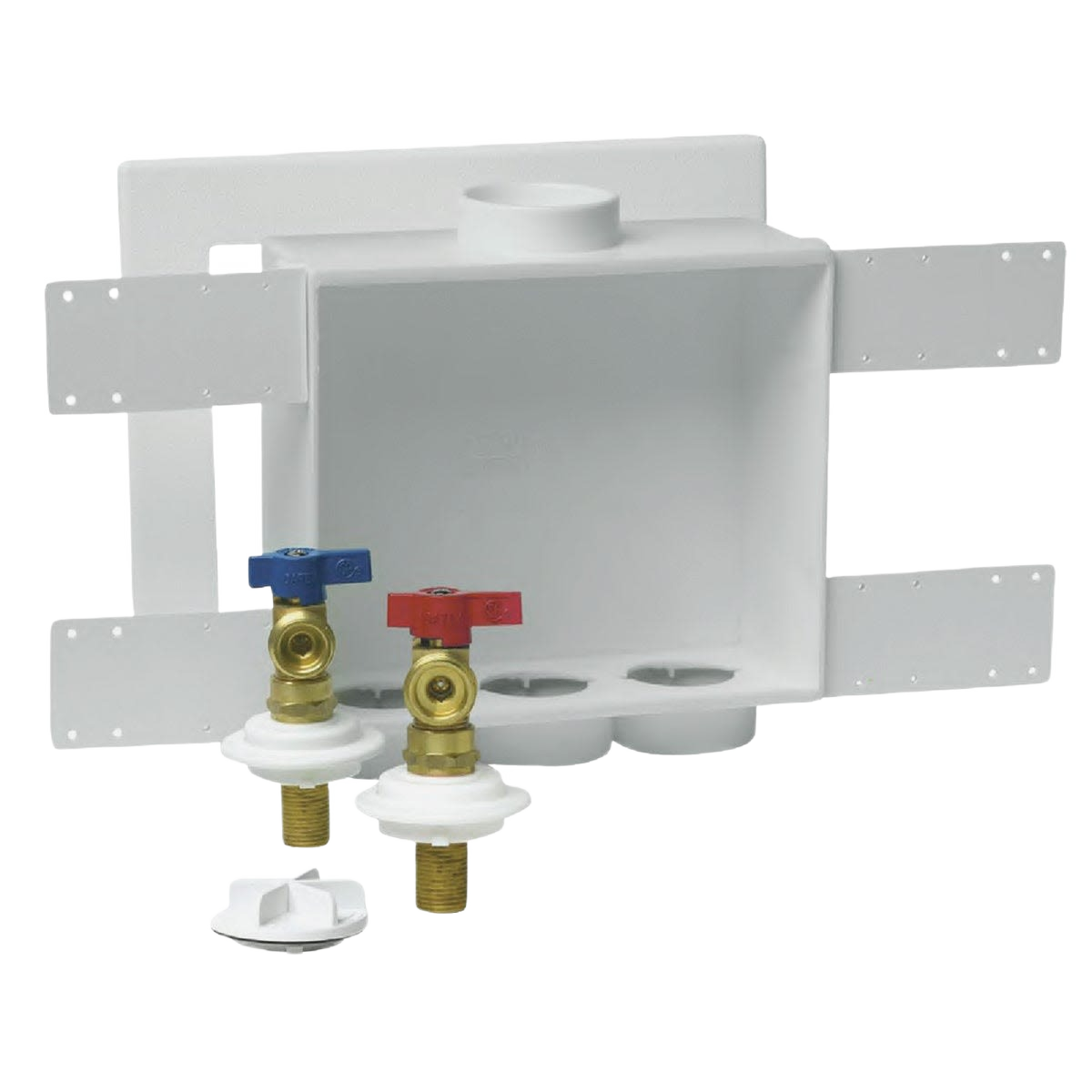 Plastic washing machine outlet box with copper sweat connection valves for plumbing and home improvement projects