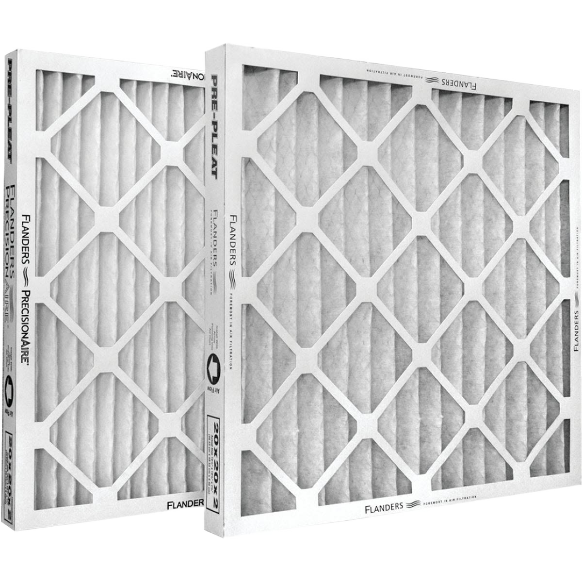 Two standard white pleated furnace filters with a geometric grid pattern for heating and cooling systems under $50 collections