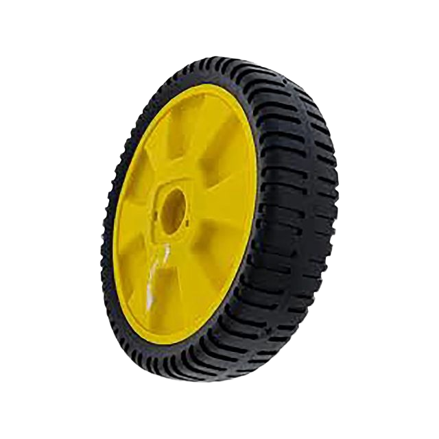 Yellow rimmed tire and wheel assembly with rugged tread, suitable for outdoor equipment and home improvement tasks