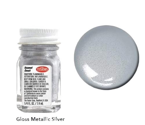 Small bottle of metallic silver enamel paint with glossy finish sample for specialty paint and home improvement use
