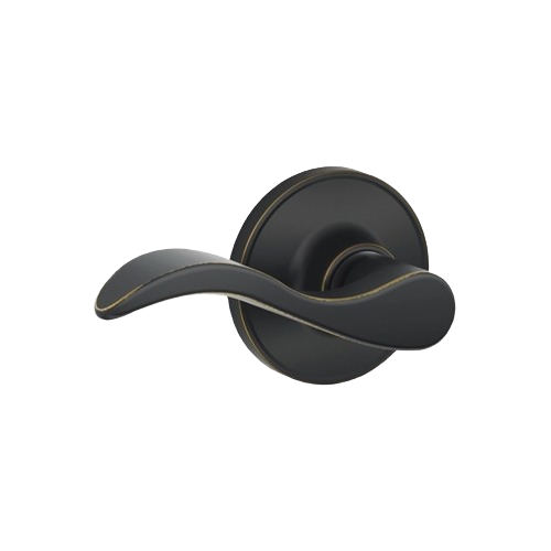 Aged bronze passage door handle with curved lever design, suitable for hall and closet doors in home improvement projects