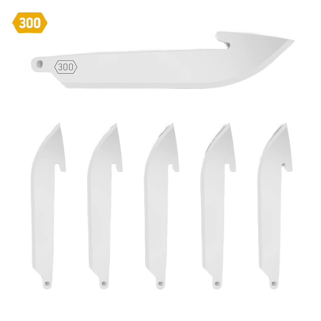 Set of six stainless steel replacement blades with drop-point design for outdoor cutting tools and home improvement use