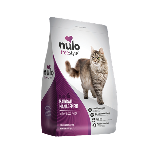 Purple and white bag of Nulo cat food with a gray tabby cat on the packaging for hairball management formula