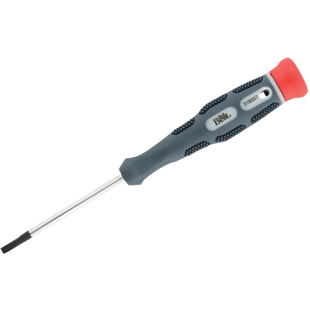 Precision slotted screwdriver with textured gray handle and red cap for detailed home improvement and tool use tasks