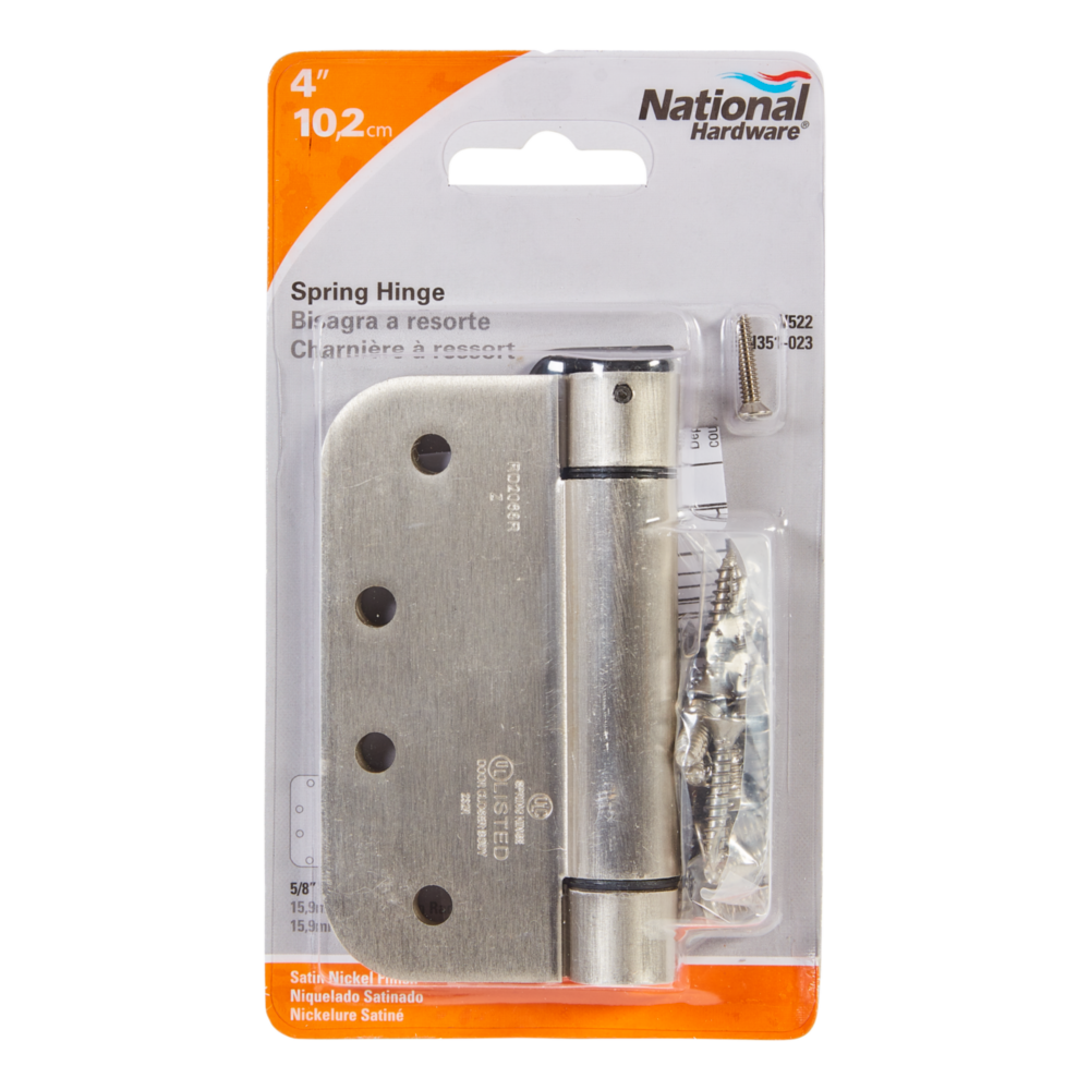 4-inch satin nickel spring hinge with 5/8-inch radius corners and mounting screws for tools and home improvement projects