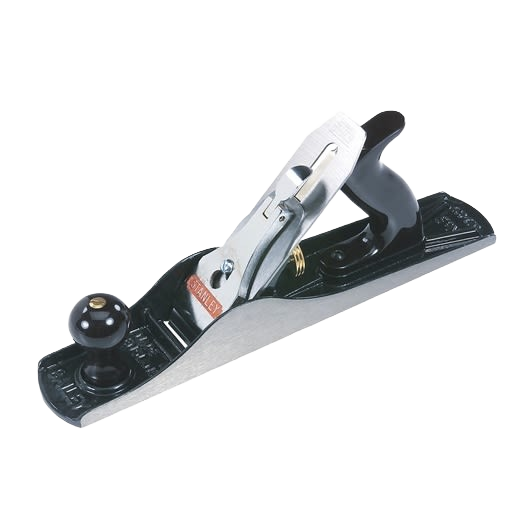 Metal hand plane with black handle and knob for woodworking and home improvement tasks