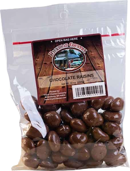 Clear resealable bag of Backroad Country chocolate-covered raisins with visible treats inside and rustic label design