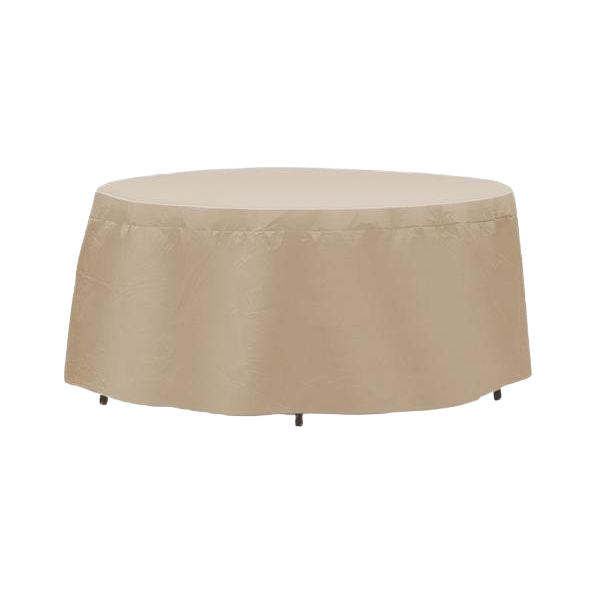 Beige heavy-duty vinyl round outdoor table cover for patio furniture protection in outdoor living and lawn garden collections