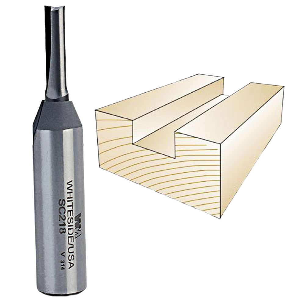 Whiteside straight router bit with illustration of its dado cut for woodworking and home improvement tool accessories collection