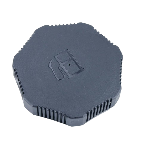 Black vented fuel tank filler cap with gas pump icon, designed for automotive and John Deere parts accessories collections