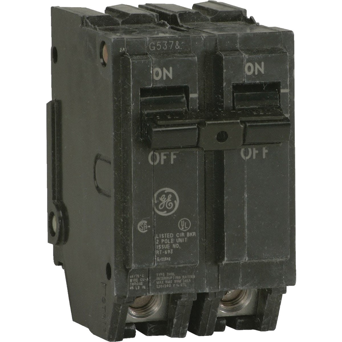 Black double-pole circuit breaker switch with on/off toggles for home improvement electrical installations
