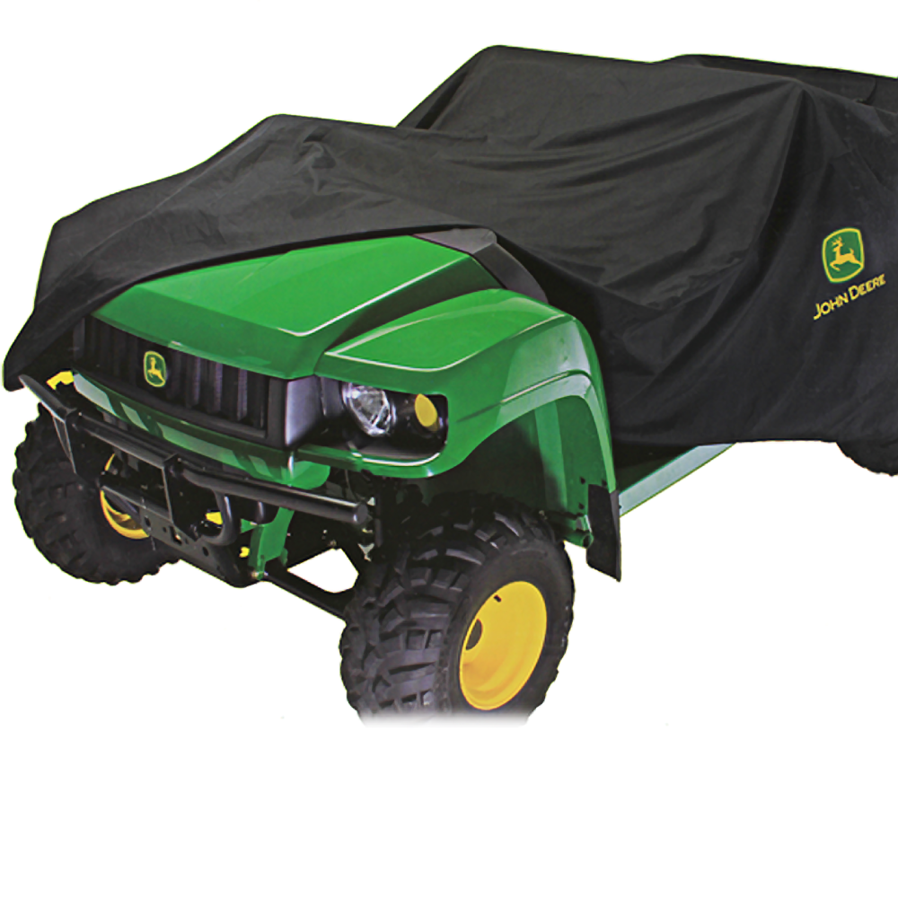 Black protective cover designed for full-size John Deere Gators without enclosure, part of tool accessories collection