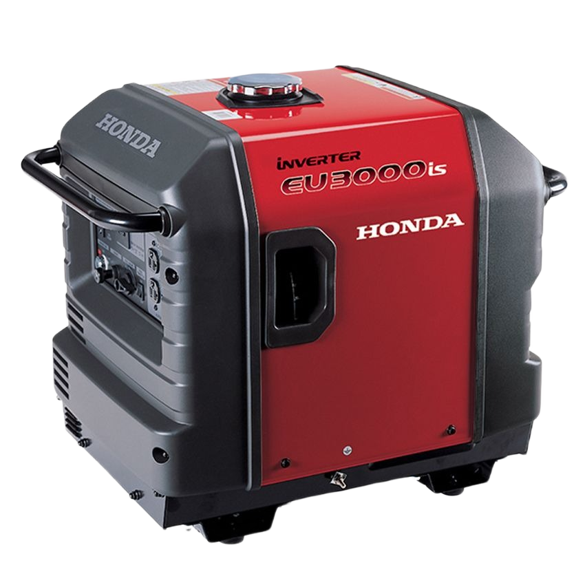 Red and black portable inverter generator with control panel and carrying handles for tools and home improvement tasks