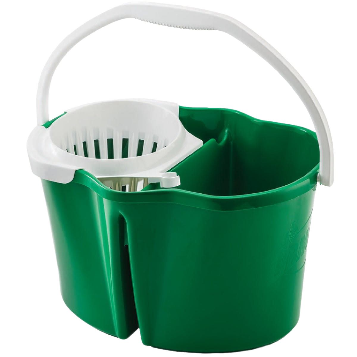 Green plastic cleaning bucket with white wringer and handle for organized cleaning under $50 collections
