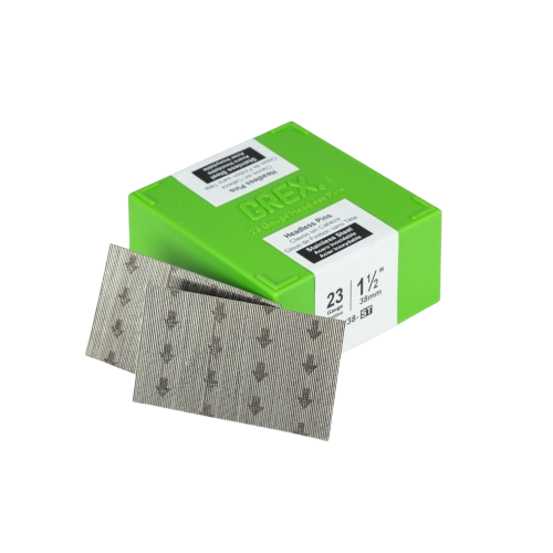 Green plastic container of 23 gauge 1.5 inch stainless steel headless pins with two metal pin strips for tools and home improvement use