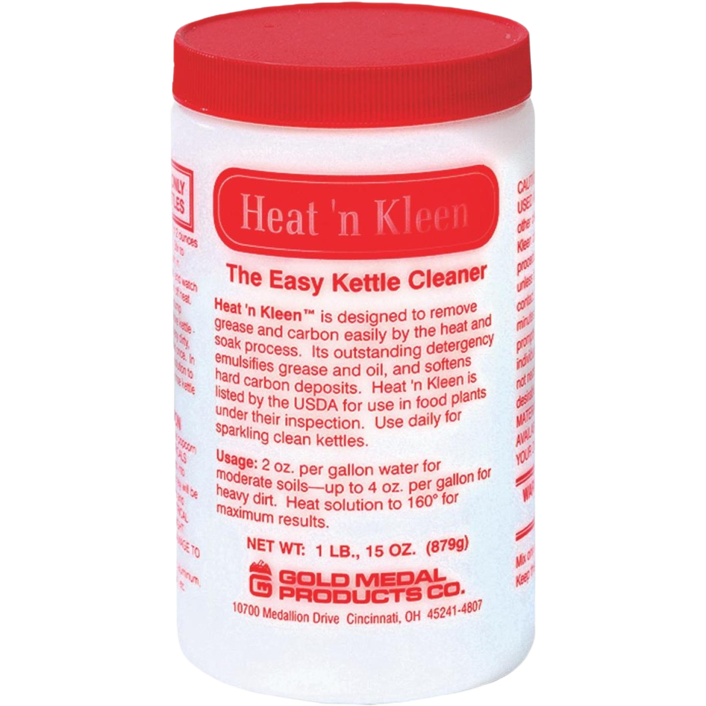 White plastic container with red lid holding popcorn kettle cleaner for food and beverage use under $50