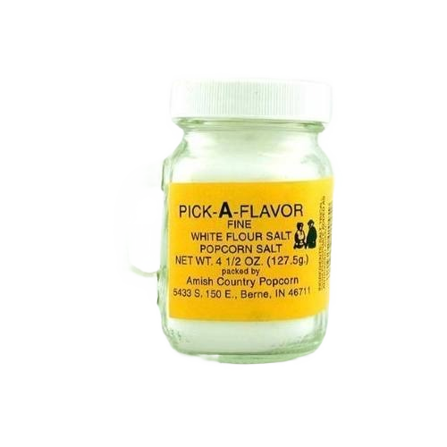 Clear glass jar of fine white flour popcorn salt with yellow label for seasoning in herbs and spices under $25 category