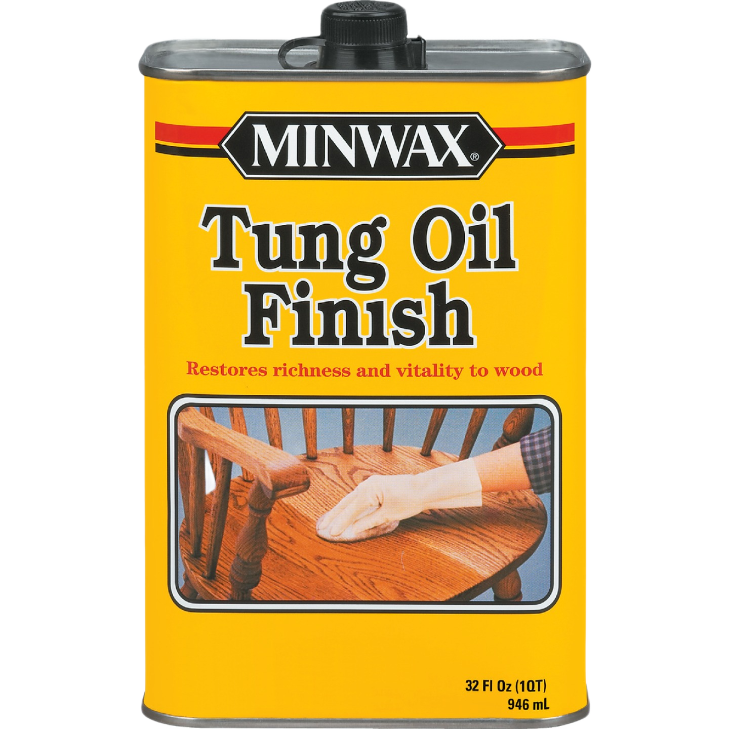 Yellow can of Minwax tung oil finish for wood restoration and protection, ideal for home improvement wood finishing projects.