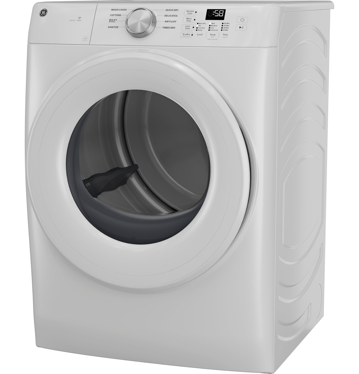 White front load gas dryer with digital display and control knob from Dryers collection for home appliances