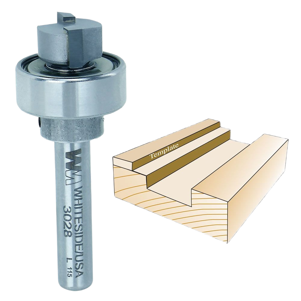Whiteside template bit with oversized bearing next to routed wood sample for tool and power tool accessories collections