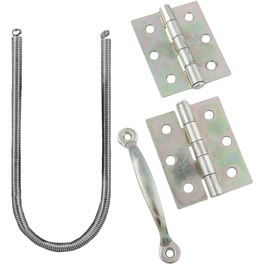Zinc screen door installation kit with two hinges, spring, and door hold-open arm for door and gate hardware collections