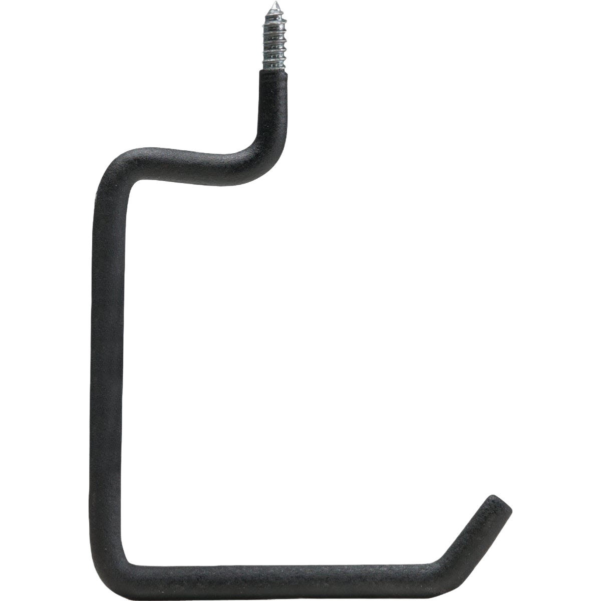 Black heavy-duty screw-in utility hanger with no-mar vinyl coating for secure storage in hardware and home improvement use