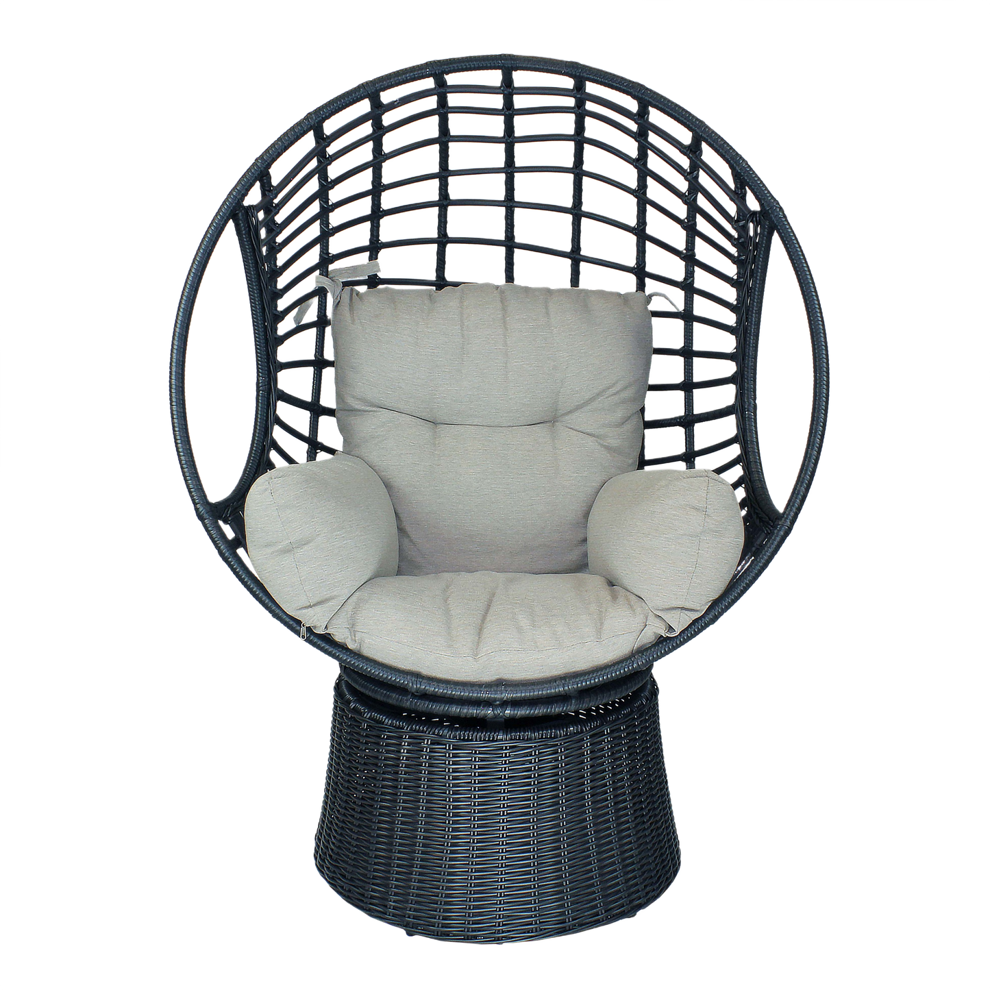 Dark wicker deep seat swivel lounger with plush light gray cushions for outdoor patio and garden decor.