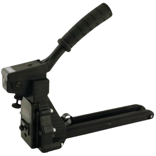 Black manual carton stapler with padded handle and metal body for secure packaging in tools and home improvement tasks