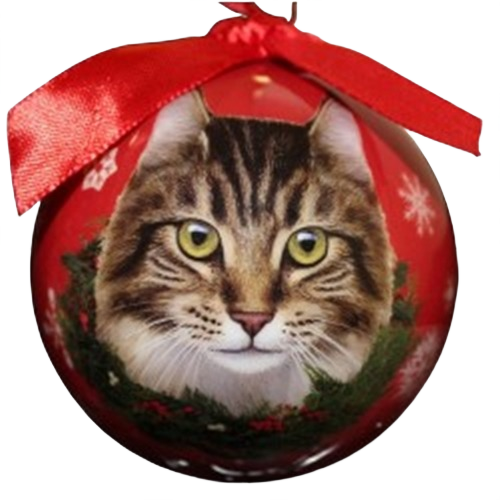 Red Christmas ball ornament featuring a lifelike Maine Coon cat face with decorative wreath and ribbon topper