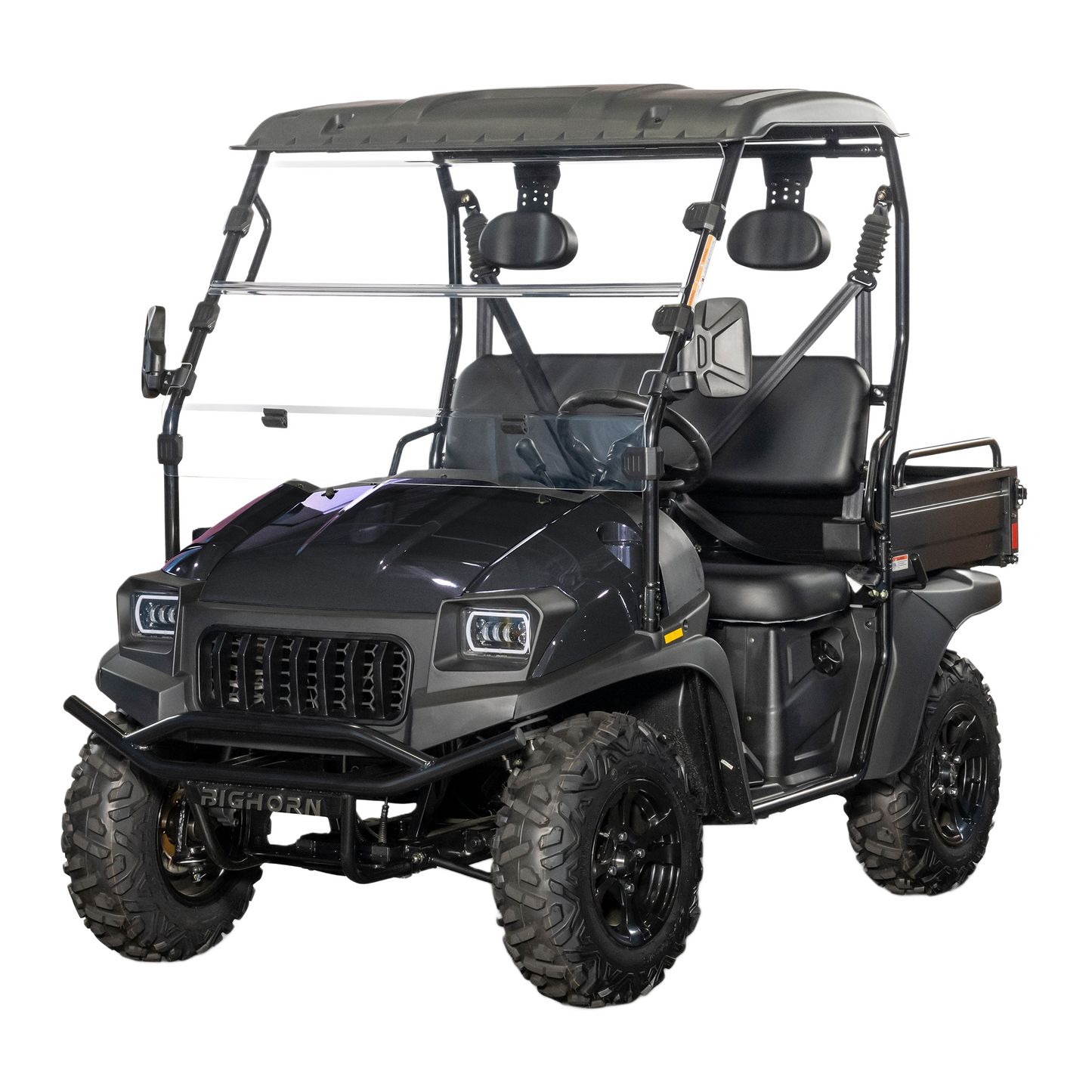 Black utility terrain vehicle with cargo bed, roof, and rugged tires designed for outdoor and home improvement use