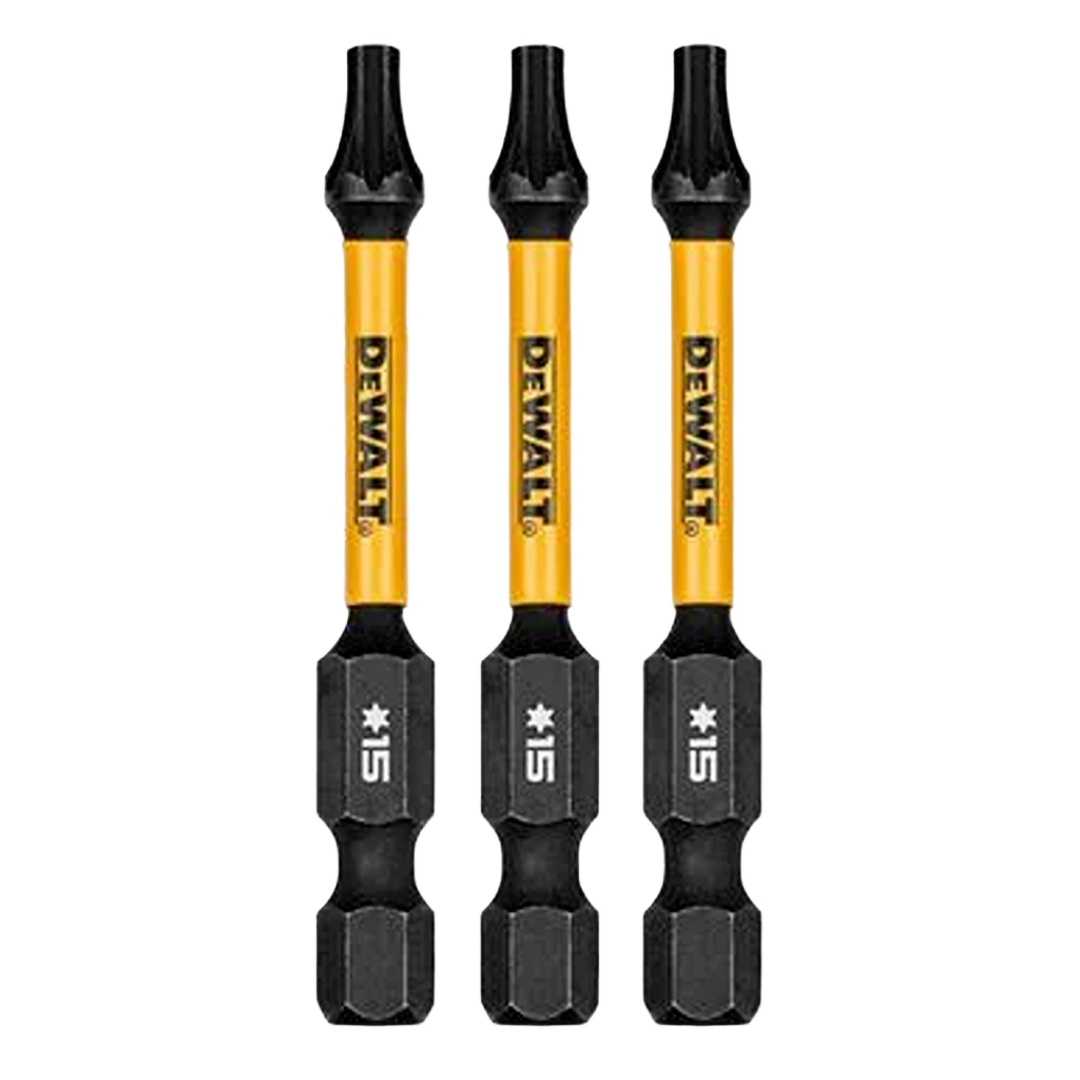Set of three yellow and black T15 drill bits designed for power tool accessories and home improvement use