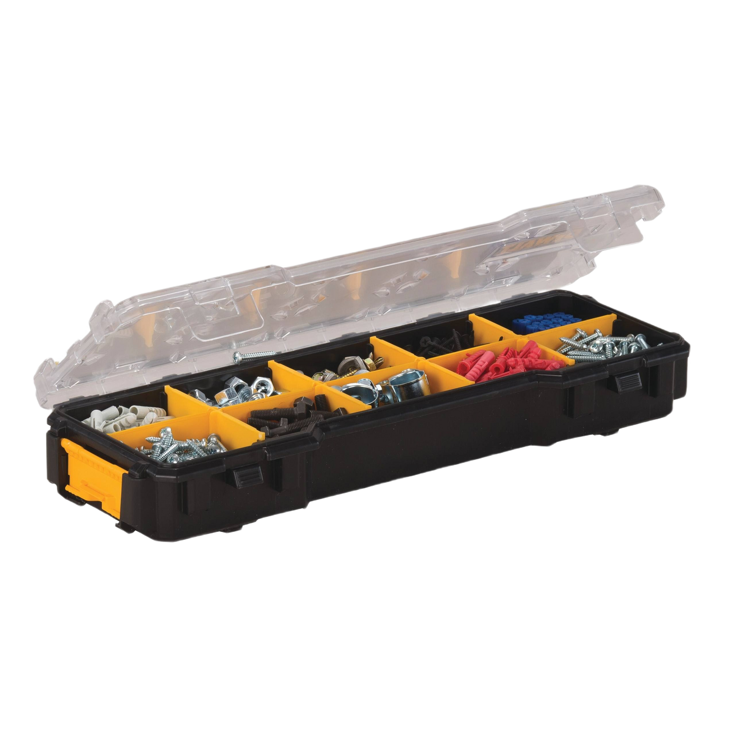 Black and yellow storage bin with ten compartments holding various screws and small hardware for workshop organization