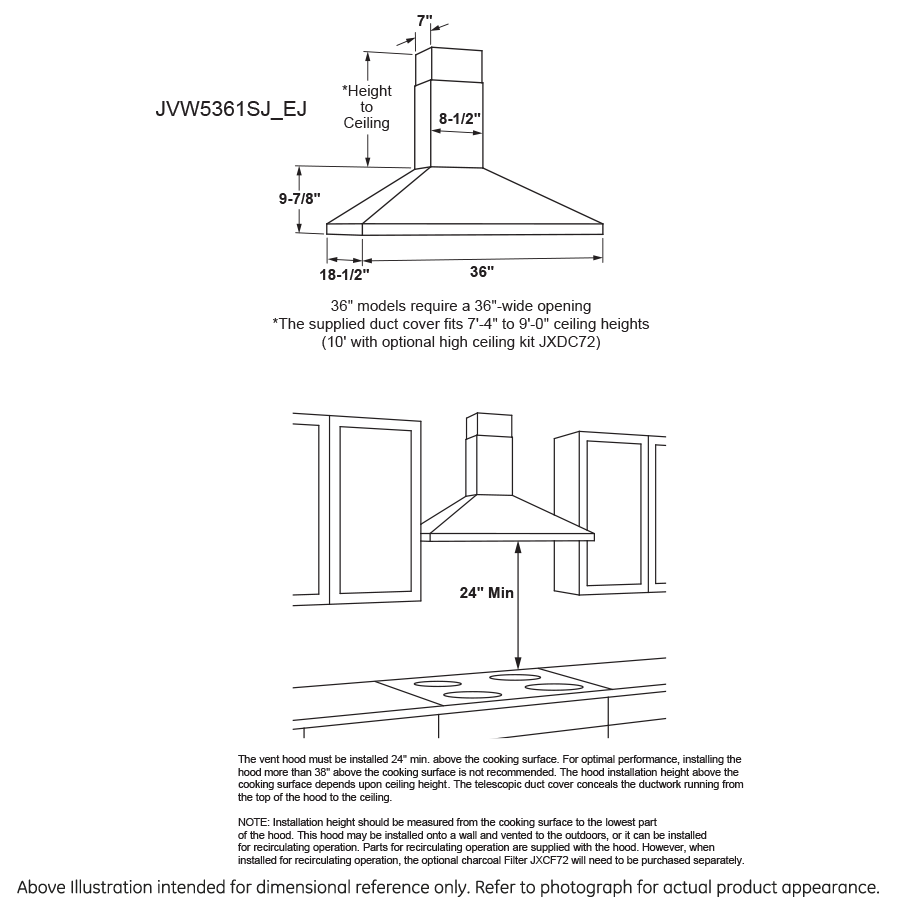 Line drawing of a wall-mounted pyramid chimney hood with installation dimensions for kitchen and home improvement tools.