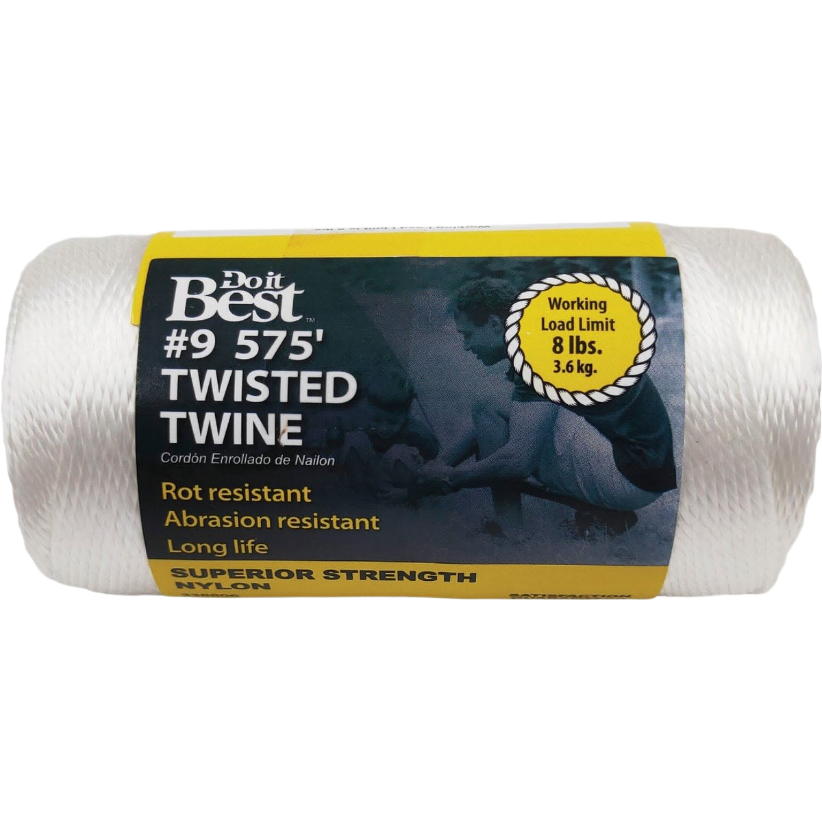 White twisted nylon twine spool with 575 ft length, rot and abrasion resistant for durable home improvement use