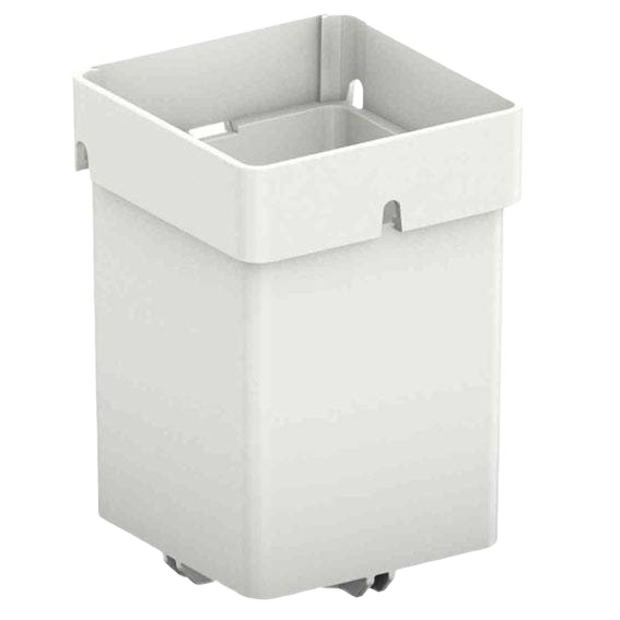 Compact white plastic storage box designed for organizing tools in jobsite and workshop storage systems