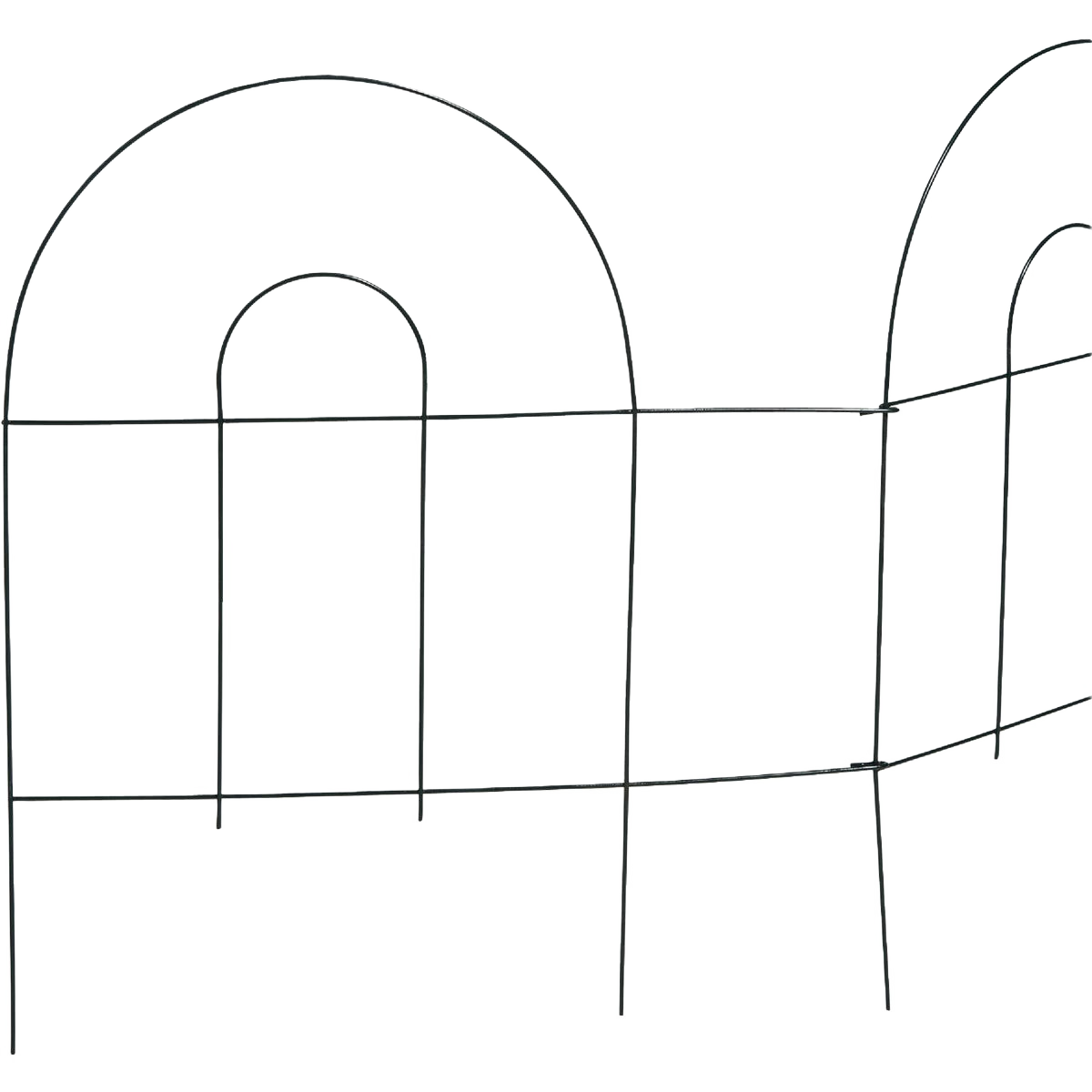 Green powder-coated wire garden fence panel with folding sections and arched tops for landscaping and plant protection
