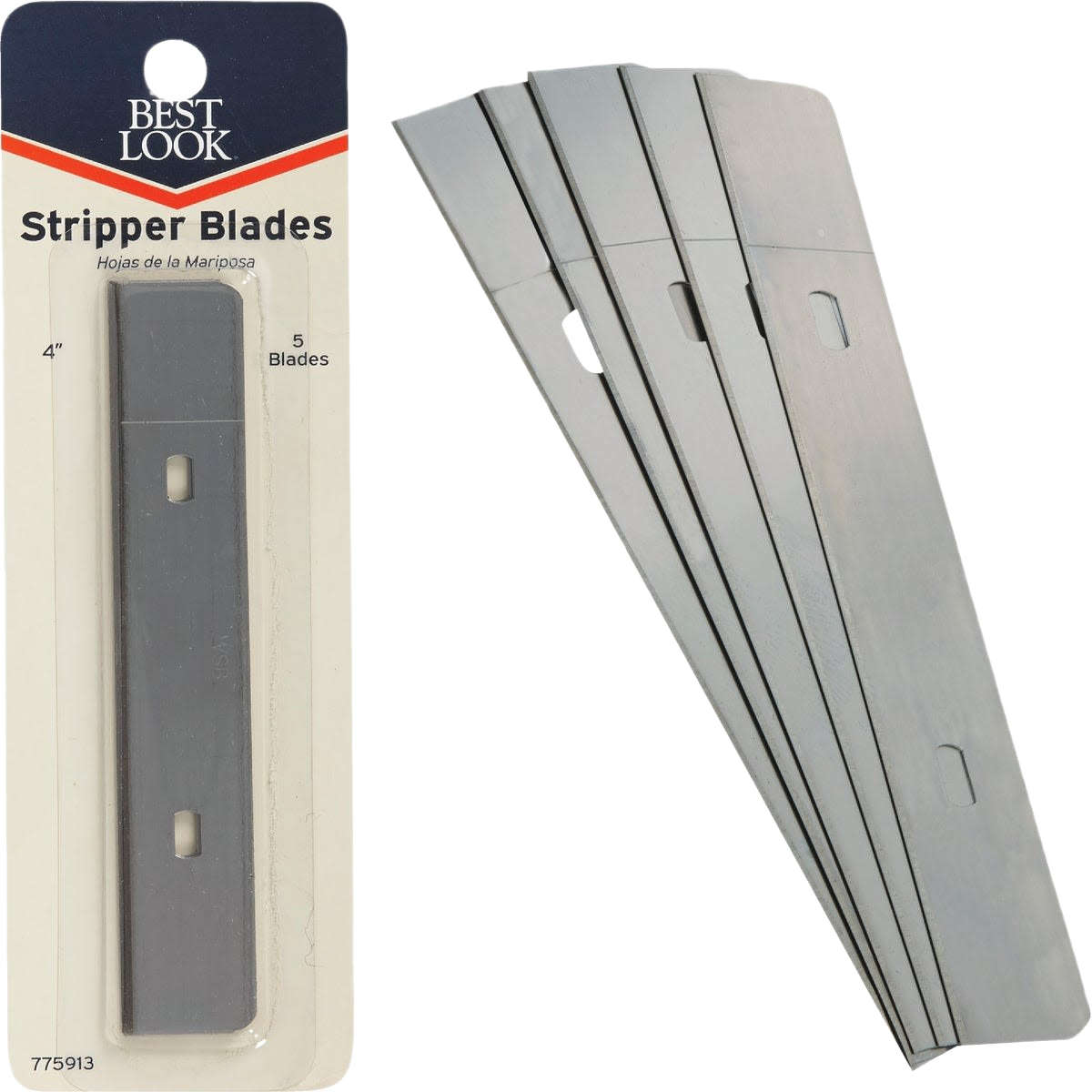 Set of four silver replacement scraper blades with holes for fastening, suited for tools and home improvement tasks