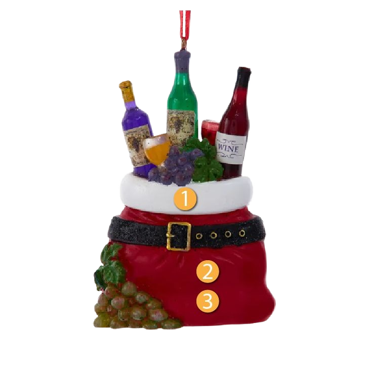 Red and white Santa bag ornament with wine bottles, grapes, and a wine glass for festive home decor use