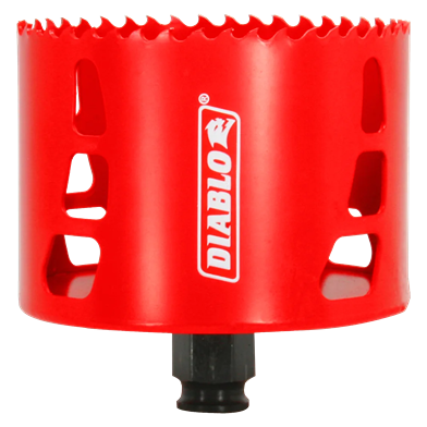 Red metal hole saw with vented sides and black mandrel for woodworking and home improvement tools under $50 collections