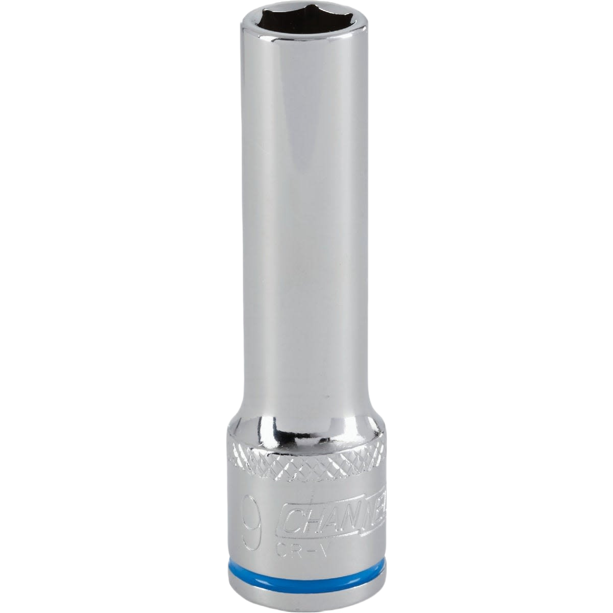 Deep 9mm 6-point chrome socket with textured grip band for secure use in hand tools and woodworking tool sets under $50.