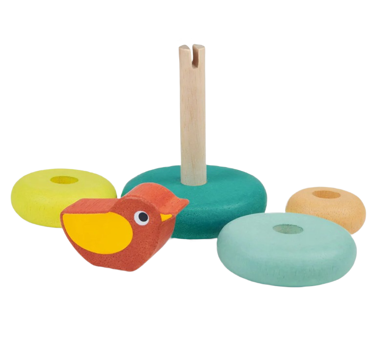 Wooden stacking rings in pastel colors with a removable bird figure for children's play and early learning activities