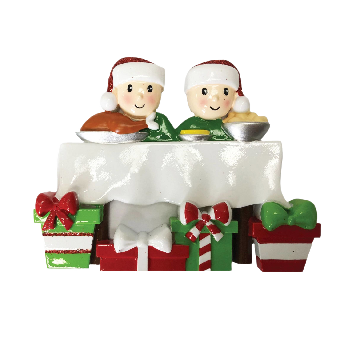 Two festive figurines at dinner table with holiday meal and colorful wrapped gifts for Christmas decorations under $50 collection