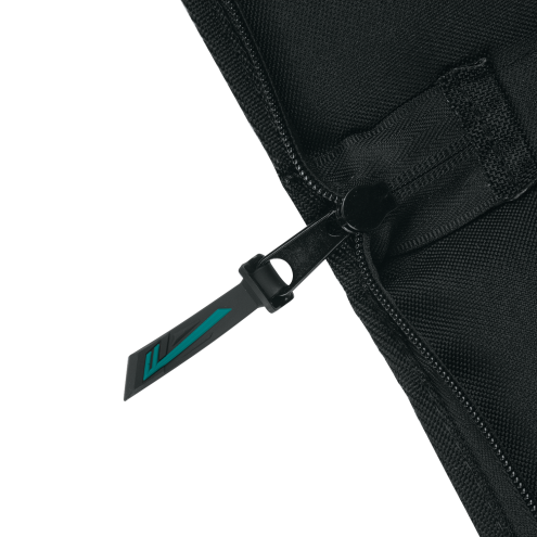 Close-up of black zipper pull and reinforced stitching on padded protective bag for woodworking tool accessories.