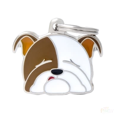 Enamel pet ID tag featuring a stylized English Bulldog face with metal edges and keyring attachment