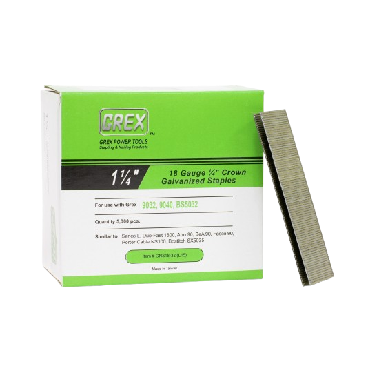Box of galvanized 18 gauge 1/4 inch crown staples with strip of collated fasteners for home improvement tasks