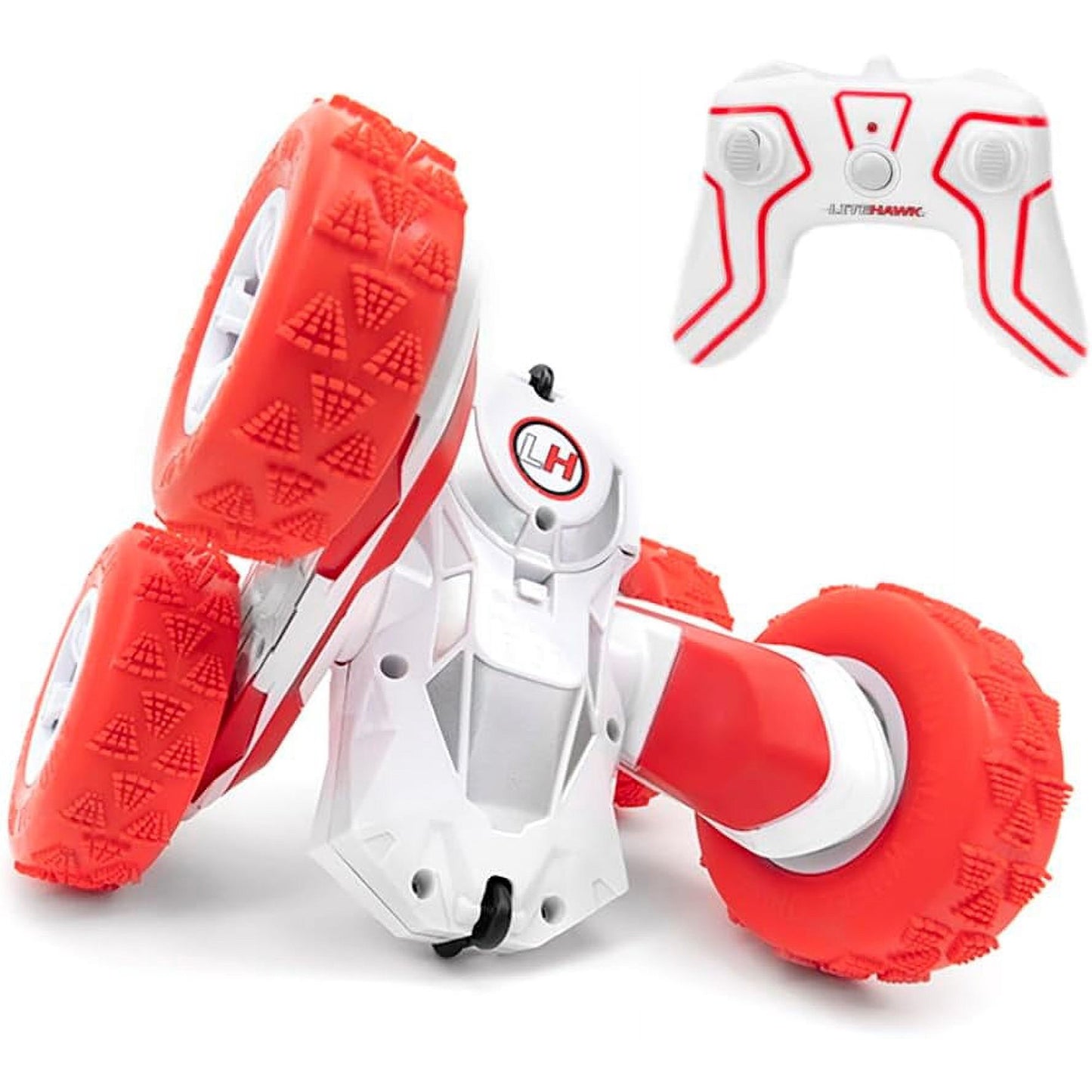 White and red remote-controlled stunt car with rugged tires for Vehicles & Remote Controlled Toys collection under $100