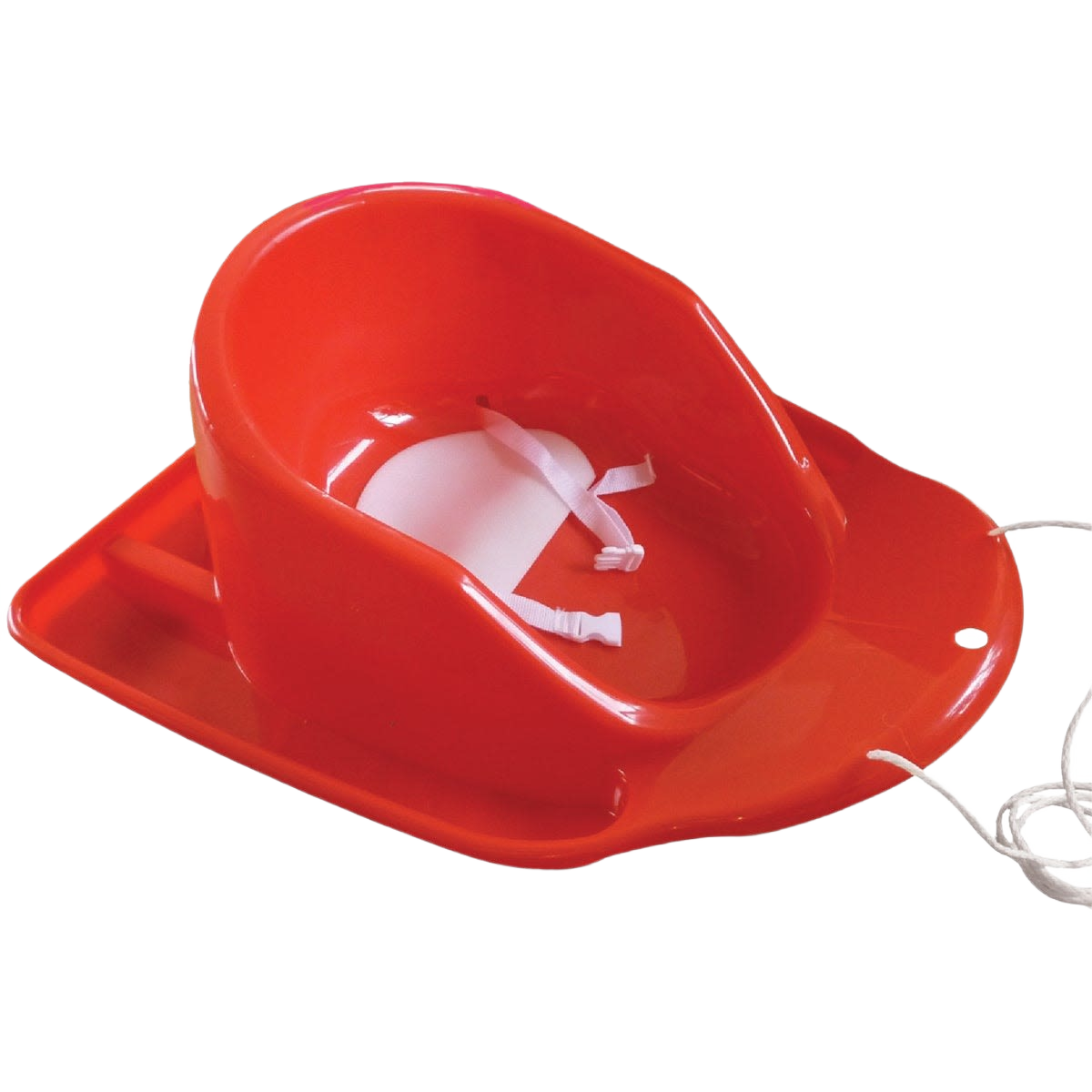 Red plastic toddler toboggan with safety straps and pull rope for outdoor winter play and snow activities