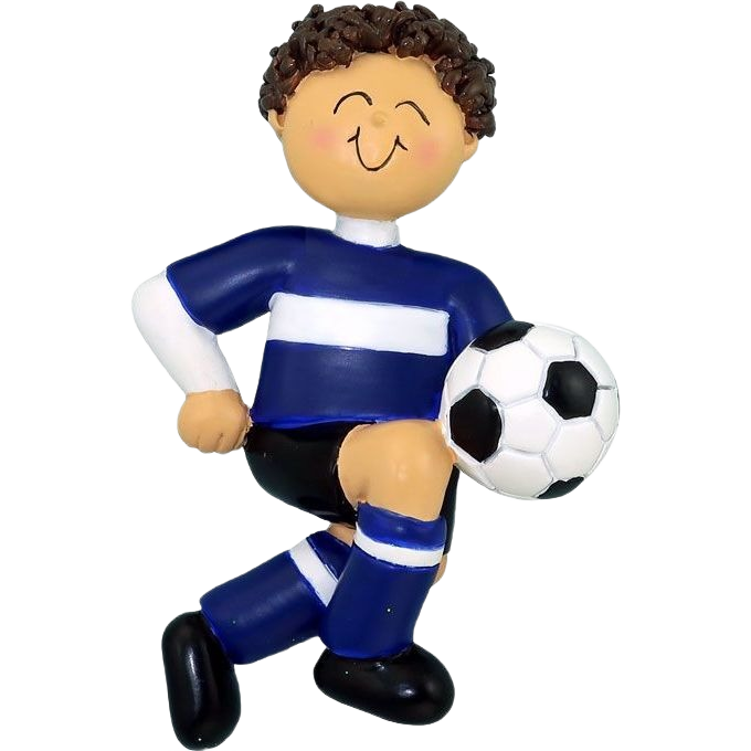 Brunette boy in blue and white soccer uniform kicking black and white ball from Christmas Ornaments & Tree Decorations collection