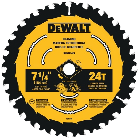 Yellow and black DEWALT circular saw blade with 24 carbide teeth designed for framing and wood cutting tasks