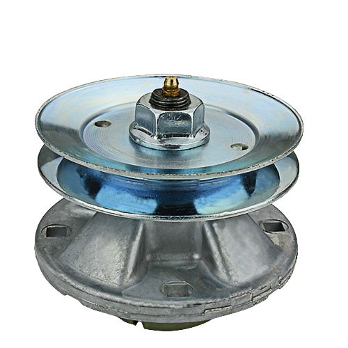 Metal mower deck spindle with chrome pulley and mounting base for automotive and John Deere parts collections